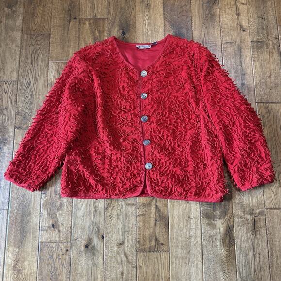 new directions Jackets & Blazers - VTG Shag Fringe New Directions Red Button Front Jacket Blazer Retro 80s Sz XL